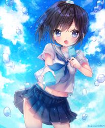 Rule 34 | 1girl, absurdres, black hair, blue eyes, blue neckerchief, blue skirt, blue sky, blush, cloud, collarbone, commentary request, contrapposto, day, fang, food, hair between eyes, hair bobbles, hair ornament, highres, holding, holding food, huge filesize, kohaku muro, looking at viewer, navel, neckerchief, one side up, open mouth, original, outdoors, pleated skirt, popsicle, sailor collar, school uniform, serafuku, shirt, short sleeves, skirt, sky, solo, twitter username, water drop, white sailor collar, white shirt