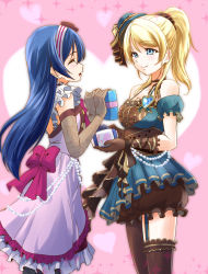 Rule 34 | 2girls, asymmetrical legwear, ayase eli, bare shoulders, blonde hair, blue eyes, blue hair, box, closed eyes, commentary request, elbow gloves, frills, gift, gift box, gloves, hair between eyes, hair ornament, heart, highres, holding, holding gift, long hair, looking at another, love live!, love live! school idol festival, love live! school idol project, multiple girls, open mouth, pantyhose, pleated skirt, ponytail, ribbon, single thighhigh, skirt, smile, sonoda umi, thighhighs, uneven legwear, urutsu sahari, yuri