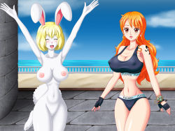 Rule 34 | 2girls, breasts, rabbit, carrot (one piece), cleavage, large breasts, long hair, multiple girls, nami (one piece), nude, one piece, orange hair, smile, tail, tattoo
