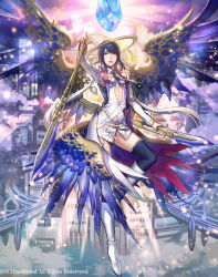 Rule 34 | 1girl, black hair, blue eyes, boots, cardfight!! vanguard, cloud, company name, excellence celestial yophiel, feathered wings, gem, long hair, low twintails, multicolored hair, necktie, official art, polearm, solo, sparkle, spear, thighhighs, twintails, two-tone hair, weapon, white hair, wings, yamada rokkaku