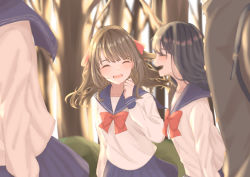 Rule 34 | 1boy, 3girls, arm up, azuki nako, bad id, bad pixiv id, bare tree, black hair, blue sailor collar, blue skirt, blurry, blurry background, blurry foreground, bow, brown hair, closed eyes, commentary request, day, floating hair, gakuran, hair ribbon, long hair, long sleeves, multiple girls, original, out of frame, outdoors, parted lips, pleated skirt, red bow, red neckwear, ribbon, sailor collar, school uniform, serafuku, skirt, tree, upper body