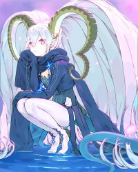 Rule 34 | 1girl, blue hair, boots, fate/grand order, fate (series), haimura kiyotaka, highres, horns, larva tiamat (fate), larva tiamat (second ascension) (fate), long hair, pink eyes, pointy ears, scarf, sleeves past fingers, sleeves past wrists, squatting, symbol-shaped pupils, thigh boots, tiamat (fate), very long hair, very long sleeves, water