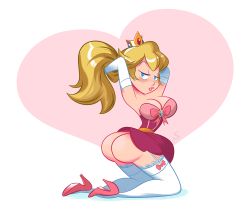 Rule 34 | 1girl, arms up, ass, blue eyes, blush, brokenlynx, cleavage, crown, elbow gloves, gloves, high heels, huge ass, lips, looking at viewer, mario (series), ponytail, princess peach, super mario bros. 1