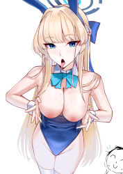 Rule 34 | 1girl, animal ears, doodle sensei (blue archive), bare shoulders, blonde hair, blue archive, blue bow, blue eyes, blue hairband, blue leotard, bow, bowtie, braid, breasts, breasts out, cliov, detached collar, fake animal ears, groin, hairband, halo, highleg, highleg leotard, highres, leotard, leotard pull, long hair, medium breasts, nipples, official alternate costume, official alternate hairstyle, open mouth, playboy bunny, rabbit ears, saliva, sensei (blue archive), simple background, solo, thighhighs, thighs, toki (blue archive), toki (bunny) (blue archive), tongue, tongue out, very long hair, white background, white thighhighs, wrist cuffs
