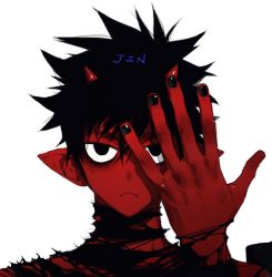 Rule 34 | 1boy, black eyes, black hair, black nails, closed mouth, colored skin, fingernails, hand up, horns, looking at viewer, nail polish, original, pigeon666, pointy ears, portrait, red skin, sanpaku, simple background, solo, white background