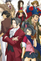 Rule 34 | 2girls, 5boys, ace attorney, ace attorney investigations, ace attorney investigations 2, ahoge, arm up, ascot, badge, conductor baton, belt, black dress, black hair, braid, breasts, brown eyes, brown hair, capcom, cape, cha kuro (limo), chamata nichikuro, crossed arms, detective, dick gumshoe, dress, emblem, eyebrows, facial hair, fanny pack, father and son, fingernails, flipped hair, formal, gavel, glasses, gloves, green eyes, gregory edgeworth, grin, hair bun, hair intakes, hair over one eye, hand in pocket, hat, head tilt, height difference, highres, ichiyanagi yumihiko, jacket, jacket on shoulders, kay faraday, large breasts, lips, lipstick, long hair, looking at viewer, looking back, makeup, mikagami hakari, miles edgeworth, miniskirt, multiple boys, multiple girls, mustache, necktie, objection, official style, open clothes, open jacket, open mouth, outline, outstretched arm, pants, parted lips, pleated skirt, pointing, pointing at self, ponytail, scarf, school uniform, shigaraki tateyuki, shiragaki tateyuki, side-by-side, sideburns, single hair bun, skirt, smile, smirk, smug, spoilers, striped, striped background, stubble, suit, swept bangs, teeth, thick eyebrows, time paradox, uniform, waving, wavy hair, weighing scale, wide sleeves