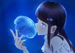 Rule 34 | 1girl, bare shoulders, black hair, blue background, blue eyes, blunt bangs, commentary, frills, glowing, hair ornament, hairclip, hand up, highres, jellyfish, kiss, off shoulder, original, sidelocks, solo, sparkle, upper body, yaaben