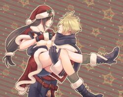 1boy 1girl belt black_gloves black_hair black_scarf blonde_hair blue_eyes blue_pants blue_skirt boots box breasts capelet carrying christmas christmas_present closed_mouth cloud_strife cloud_strife_(holiday_outfit) commentary couple cowboy_shot english_commentary eye_contact final_fantasy final_fantasy_vii final_fantasy_vii_ever_crisis from_side fur-trimmed_boots fur-trimmed_capelet fur-trimmed_gloves fur-trimmed_headwear fur-trimmed_jacket fur-trimmed_skirt fur_trim gift gift_box gloves green_socks hair_ornament hat hat_ornament high_heel_boots high_heels highres holding holding_gift holly_hat_ornament jacket large_breasts legs long_hair looking_at_another low-tied_long_hair miniskirt mixmomo_yah official_alternate_costume pants pom_pom_(clothes) pom_pom_hair_ornament princess_carry profile red_capelet red_eyes red_hat red_jacket red_skirt santa_costume santa_hat scarf short_hair skirt sleeveless sleeveless_turtleneck socks spiked_hair sweater tifa_lockhart tifa_lockhart_(fairy_of_the_holy_flame) turtleneck turtleneck_sweater white_sweater