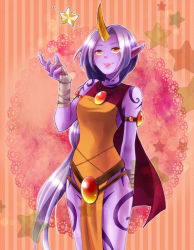 Rule 34 | 1girl, bare shoulders, cape, colored skin, gem, gradient background, horns, league of legends, long hair, mizoreame, pointy ears, ponytail, purple skin, see-through, single horn, solo, soraka (league of legends), star (symbol), striped, striped background, tattoo, very long hair, white hair, wrist wrap, yellow eyes