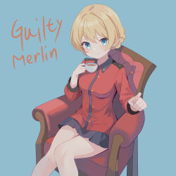 Rule 34 | 1girl, absurdres, armchair, artist name, black skirt, blonde hair, blue background, blue eyes, braid, chair, closed mouth, cup, darjeeling (girls und panzer), girls und panzer, guilty merlin, highres, holding, holding cup, jacket, long sleeves, looking at viewer, military uniform, miniskirt, pleated skirt, red jacket, short hair, simple background, sitting, skirt, smile, solo, st. gloriana&#039;s military uniform, teacup, twin braids, uniform