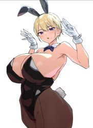 Rule 34 | 1girl, animal ears, bare shoulders, blonde hair, blue eyes, bow, bowtie, breasts, detached collar, fake animal ears, gloves, huge breasts, leotard, mole, mole under mouth, obmas, original, pantyhose, playboy bunny, rabbit ears, short hair, solo, strapless, strapless leotard