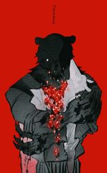 Rule 34 | 2boys, alpaca boy, arms at sides, bear boy, beastars, bleeding, blood, collared shirt, corpse, english text, closed eyes, fingernails, furry, furry male, gem, glowing, glowing eye, highres, hug, looking at viewer, multiple boys, profile, red background, red gemstone, red theme, riz (beastars), sharp fingernails, shirt, simple background, sleeves rolled up, sparkle, spilling, spoilers, tem (beastars), timi (timiistimi), upper body