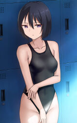 1girl black_hair black_one-piece_swimsuit bob_cut breasts collarbone commentary_request competition_swimsuit covered_navel covering_crotch covering_privates cowboy_shot hair_between_eyes hashi highleg highleg_one-piece_swimsuit locker locker_room medium_breasts one-piece_swimsuit original purple_eyes solo swimsuit