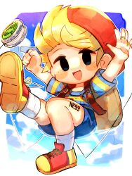 Rule 34 | 1boy, backpack, bag, blonde hair, child, full body, hat, highres, kurorinamori, looking at viewer, lucas (mother 3), male focus, mother (game), mother 3, nintendo, open mouth, shoes, shorts, solo, yo-yo