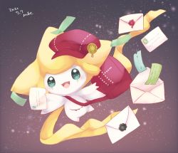 Rule 34 | :d, bag, clothed pokemon, commentary request, creatures (company), dated, envelope, game freak, gen 3 pokemon, green eyes, green ribbon, hat, holding, holding envelope, jirachi, legendary pokemon, mkt (buizu-miki), mythical pokemon, nintendo, no humans, open mouth, pokemon, pokemon (creature), red bag, red hat, ribbon, shoulder bag, smile, solo, star (sky), tongue, wax seal