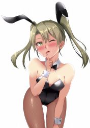 Rule 34 | animal ears, bad anatomy, bad proportions, bare shoulders, breasts, brown pantyhose, detached collar, earrings, fake animal ears, finger to mouth, fishnet pantyhose, fishnets, gluteal fold, gold earrings, green eyes, green hair, hair between eyes, hand on own leg, highres, jewelry, kantai collection, leaning forward, leotard, lips, ohiya, one eye closed, pantyhose, playboy bunny, rabbit ears, shushing, simple background, small breasts, solo, twintails, white background, wrist cuffs, zuikaku (kancolle)