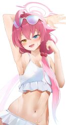 Rule 34 | 1girl, absurdres, aipa, blue archive, blue eyes, heterochromia, highres, hoshino (blue archive), long hair, looking at viewer, open mouth, pink hair, simple background, smile, solo, swimsuit, yellow eyes