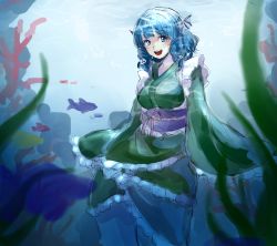 1girl, :d, bangs, blue eyes, blue hair, blurry, blurry foreground, blush, breasts, day, depth of field, drill hair, drill locks, eyebrows visible through hair, fish, frills, green kimono, happy, head fins, highres, japanese clothes, kimono, kuya (hey36253625), large breasts, looking at viewer, medium hair, mermaid, monster girl, obi, open mouth, sash, sketch, sleeves past fingers, sleeves past wrists, smile, solo, touhou, twin drills, underwater, wakasagihime