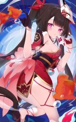 Rule 34 | absurdres, armpit crease, bare shoulders, black gloves, black hair, blush, breasts, butterfly-shaped pupils, closed mouth, detached sleeves, dress, fox mask, frilled sleeves, frills, from behind, gloves, gun, hand up, highres, holding, holding gun, holding weapon, honkai: star rail, honkai (series), koi, looking at viewer, mask, mask on head, medium breasts, mole, mole under each eye, mole under eye, multiple moles, obi, pink eyes, red dress, sash, sideboob, sleeveless, sleeveless dress, sourako, sparkle (honkai: star rail), symbol-shaped pupils, thigh strap, twintails, twisted torso, weapon