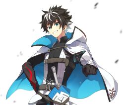 Rule 34 | 1boy, arm belt, belt, black hair, blue eyes, brown belt, cape, charlemagne (fate), chest belt, fate/grand order, fate (series), grin, hand on own hip, kabutomushi s, looking at viewer, male focus, multicolored hair, raised fist, rerebrace, scabbard, sheath, short hair, shoulder belt, simple background, smile, solo, streaked hair, two-sided cape, two-sided fabric, two-tone hair, upper body, vest, white background, white hair