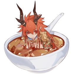 Rule 34 | 1boy, antlers, armor, bowl, braid, character request, chibi, code009, food, food request, horns, in bowl, in container, in food, long hair, looking at viewer, male focus, multiple braids, o-ring, orange hair, partially submerged, pauldrons, pointy ears, red eyes, shanhai jing hua, shoulder armor, simple background, sitting, solo, soup, spoon, tassel, toned, toned male, topless male, white background