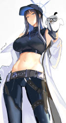 Rule 34 | 1girl, absurdres, animal, bare shoulders, baseball cap, belt, bird, black hair, black hat, black pants, black shirt, blue archive, blue eyes, breasts, coat, commentary request, cowboy shot, crop top, hat, highres, holding, holding animal, large breasts, leggings, long hair, looking at viewer, midriff, navel, off shoulder, open clothes, open coat, pants, porroll, saori (blue archive), shirt, simple background, sleeveless, sleeveless shirt, solo, standing, stomach, thighs, white background, white coat
