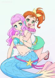 Rule 34 | 2girls, blue eyes, boh stick, bow, bracelet, brown hair, crop top, green eyes, green shorts, hair bow, highres, hug, hug from behind, jewelry, laura (precure), long hair, looking at viewer, mermaid, midriff, monster girl, multiple girls, natsuumi manatsu, navel, off-shoulder shirt, off shoulder, pink hair, precure, sandals, shirt, short shorts, shorts, side ponytail, sleeveless, stomach, tropical-rouge! precure, white shirt, yellow bow