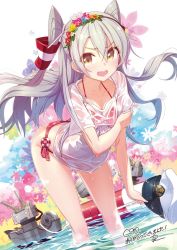 Rule 34 | &gt;:d, 10s, 1girl, :d, amatsukaze (kancolle), angry, bad id, bad twitter id, bent over, bikini, blush, brown eyes, collarbone, dripping, floral background, flower, hair between eyes, hair flower, hair ornament, hair tie, hair tubes, hairband, hat, highres, holding, holding clothes, holding hat, kantai collection, lifebuoy, long hair, machinery, o o, open mouth, peaked cap, pemu, pomon illust, red bikini, rensouhou-chan, rensouhou-kun, robot, see-through, shirt, short sleeves, signature, silver hair, smile, solo, swim ring, swimsuit, twintails, two side up, unworn hat, unworn headwear, v-shaped eyebrows, very long hair, wading, water, water drop, wet, wet clothes, wet hat, wet shirt, white hat, white shirt