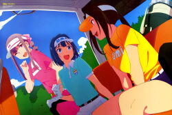 3girls :d absurdres akane_haruka_(sorairo_utility) aoba_minami aqua_shirt belt black_hair black_skirt blue_eyes blue_hair blue_sky braid brown_eyes brown_hair cloud day golf_cart golf_club hair_ribbon highres hoshimi_ayaka long_hair magazine_scan motor_vehicle multiple_girls newtype official_art one_eye_closed open_mouth outdoors pink_shirt polo_shirt ponytail purple_eyes ribbon saitou_kengo scan shirt short_sleeves sidelocks sideways_mouth sitting skirt sky smile solo teeth thighs upper_teeth_only visor_cap white_skirt yellow_shirt