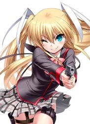 Rule 34 | &gt;:), 1girl, aqua eyes, black jacket, blonde hair, bow, c:, closed mouth, commentary request, cowboy shot, eyelashes, floating clothes, floating hair, grey skirt, gun, hair ribbon, handgun, holding, holding gun, holding weapon, holster, jacket, light blush, little busters!, long hair, long sleeves, looking at viewer, miniskirt, one eye closed, own hands together, pink bow, plaid, plaid skirt, pleated skirt, pointing, pointing at viewer, ribbon, simple background, skirt, smile, solo, standing, straight-on, thigh holster, tokido saya, two side up, v-shaped eyebrows, very long hair, weapon, white background, white ribbon, zen (kamuro)