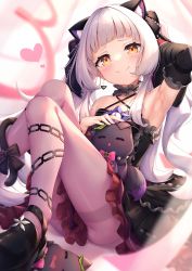 Rule 34 | 1girl, absurdres, animal ears, arata (xin), armpits, bare shoulders, black dress, blunt bangs, blush, breasts, cat, cat ears, detached sleeves, dress, gothic lolita, halterneck, highres, hololive, lolita fashion, long hair, looking at viewer, murasaki shion, murasaki shion (gothic lolita), pantyhose, sidelocks, silver hair, sitting, small breasts, smile, thighband pantyhose, thighs, virtual youtuber, white pantyhose, yellow eyes