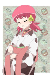 Rule 34 | 1girl, animal print, bell, black choker, blush, choker, closed eyes, commentary request, cow print, creatures (company), disgust, ear tag, frown, game freak, grimace, highres, japanese clothes, kimono, long sleeves, low twintails, makoto daikichi, medium hair, neck bell, nintendo, obi, partial commentary, pink hair, pokemon, pokemon gsc, print kimono, sash, solo, twintails, tying, white kimono, whitney (pokemon), wide sleeves