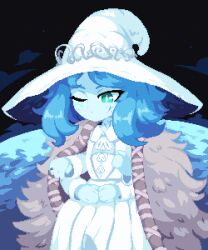 Rule 34 | 1girl, blue eyes, blue hair, blue skin, blush, cloak, closed mouth, colored skin, cracked skin, dress, elden ring, extra arms, fur cloak, hat, jewelry, minimilieu, night, one eye closed, pixel art, portrait, ranni the witch, ring, short hair, solo, wedding ring, white dress, white hat, witch hat