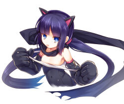 Rule 34 | 1girl, animal ears, blue eyes, bodysuit, breasts, cat ears, collarbone, covered navel, elbow gloves, gloves, leotard, long hair, looking at viewer, medarot, patsura (medarot), purple hair, sanbonzuno, scarf, simple background, small breasts, solo, torn clothes, torn scarf, twintails, white background