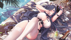 Rule 34 | 1girl, animal ear hairband, animal ears, august von parseval (azur lane), azur lane, bikini, black hair, breasts, cat ear hairband, cat ears, commentary, curled horns, drink, english commentary, fake animal ears, hair over one eye, hairband, high heels, horns, large breasts, lemonade, mechanical horns, mitsu (mitsu art), non-humanoid robot, pillow, pool, robot, robot dragon, swimsuit, thick thighs, thighhighs, thighs, white bikini, white thighhighs