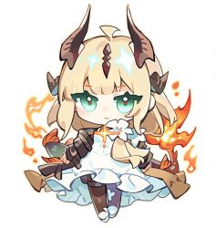 Rule 34 | 1girl, :&lt;, arknights, blonde hair, chibi, commentary, dress, fire, flame-tipped tail, full body, green eyes, highres, horns, long hair, looking at viewer, niko (nikooo2016), reed (arknights), reed the flame shadow (arknights), simple background, solo, symbol-only commentary, tail, white background, white dress