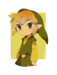 Rule 34 | 1boy, belt, blonde hair, closed mouth, green headwear, link, looking at viewer, male focus, nintendo, pointy ears, short hair, simple background, smile, solo, standing, sword, the legend of zelda, thick eyebrows, tokuura, toon link, tunic, upper body, weapon