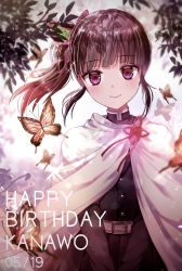 Rule 34 | 1girl, bad id, bad pixiv id, belt, belt buckle, black hair, black jacket, black skirt, blurry, blurry background, buckle, bug, butterfly, butterfly hair ornament, cape, character name, closed mouth, dated, artistic error, floating hair, hair ornament, happy birthday, highres, insect, jacket, kebaboishii, kimetsu no yaiba, long hair, looking at viewer, military jacket, pink eyes, pink ribbon, pleated skirt, ribbon, side ponytail, skirt, smile, solo, spelling, standing, tsuyuri kanao, white belt, white cape