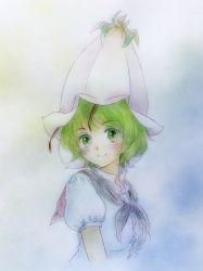 Rule 34 | 1girl, antennae, black cape, blush, cape, center frills, collared shirt, commentary request, flower hat, frills, green eyes, green hair, hat, highres, looking at viewer, puffy short sleeves, puffy sleeves, q-bee (aaru), shirt, short cape, short sleeves, smile, solo, tagme, touhou, traditional media, upper body, white hat, white shirt, wriggle nightbug