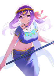 Rule 34 | 1girl, bad id, bad pixiv id, blue shirt, blue skirt, breasts, circlet, closed mouth, collarbone, cropped shirt, earrings, fate/grand order, fate (series), hair ribbon, highres, indian clothes, jewelry, large breasts, long hair, long skirt, looking at viewer, matou sakura, midriff, navel, necklace, parvati (fate), ponytail, purple eyes, purple hair, red ribbon, ribbon, shirt, short sleeves, skirt, smile, staff, zenshin