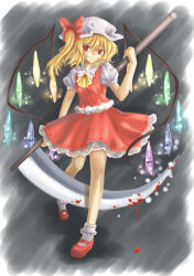Rule 34 | 1girl, alternate weapon, bad id, bad pixiv id, blonde hair, blood, blood on face, bobby socks, female focus, flandre scarlet, glowing, hat, mary janes, petticoat, ponytail, red eyes, scythe, shoes, short hair, side ponytail, socks, solo, touhou, weapon, wings, yui (daijun)