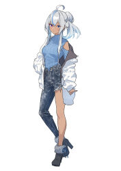 Rule 34 | 1girl, absurdres, ahoge, asymmetrical clothes, asymmetrical pants, baffu, black footwear, blue eyes, blue hair, blue pants, blue sweater, boots, casual, closed mouth, clothing cutout, commentary request, dark-skinned female, dark skin, denim, expressionless, full body, fur-trimmed footwear, fur trim, grey hair, hand on own hip, high heel boots, high heels, highres, jacket, jeans, long sleeves, looking at viewer, multicolored hair, original, pants, parted bangs, ponytail, puffy long sleeves, puffy sleeves, ribbed sweater, shoulder cutout, sidelocks, simple background, single pantsleg, sleeves past wrists, solo, standing, streaked hair, sweater, two-tone hair, white background, white jacket, yuuna (baffu)