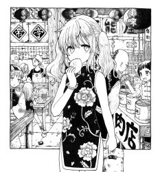 Rule 34 | 3boys, 4girls, china dress, chinese clothes, dress, eating, food, greyscale, holding, holding food, looking at another, looking at viewer, medium hair, monochrome, multiple boys, multiple girls, original, short hair, sitting, sleeveless, sleeveless dress, table, twintails, twitter username, usio ueda