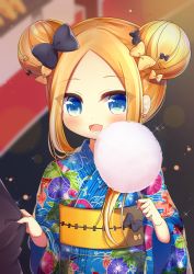 Rule 34 | 1girl, :d, abigail williams (fate), alternate costume, black bow, blonde hair, blue eyes, blue kimono, blurry, blurry background, blush, bow, commentary request, cotton candy, depth of field, double bun, fate/grand order, fate (series), floral print, food, forehead, hair bow, hair bun, holding, holding food, japanese clothes, kimono, long hair, long sleeves, market stall, obi, open mouth, orange bow, outdoors, parted bangs, print kimono, sash, sidelocks, smile, solo, summer festival, upper body, wide sleeves, yukiyuki 441