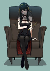 Rule 34 | 1girl, arm under breasts, bad id, bad twitter id, bare shoulders, black dress, black gloves, black hair, blush, boots, breasts, chair, cleavage, closed mouth, crossed ankles, dagger, dress, fingerless gloves, floral print, flower, full body, gloves, gold hairband, green background, hair flower, hair ornament, hairband, high heel boots, high heels, holding, holding dagger, holding knife, holding weapon, knife, large breasts, looking at viewer, nail polish, nectar (fujiya), off-shoulder dress, off shoulder, red eyes, red nails, rose, rose print, simple background, sitting, smile, solo, spikes, spy x family, thigh boots, thighhighs, throne, two-sided dress, two-sided fabric, weapon, yor briar