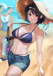 Rule 34 | 1girl, 2boys, absurdres, bag, bare arms, bare shoulders, beach, bikini, black hair, blue bikini, blue shorts, blurry, blurry background, blush, breasts, cleavage, collarbone, commentary request, hat, highres, kagematsuri, large breasts, looking at viewer, multiple boys, navel, original, outdoors, parted lips, purple eyes, short hair, short shorts, shorts, shoulder bag, solo focus, straw hat, swimsuit, thighs, twitter username, water