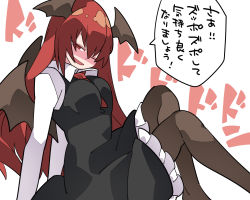 Rule 34 | 1girl, bat wings, between breasts, black dress, blush, breasts, commentary request, dress, dress shirt, hammer (sunset beach), head wings, koakuma, long hair, looking at viewer, necktie, one eye closed, open mouth, pantyhose, red eyes, red hair, shirt, smile, solo, touhou, translation request, wings