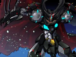 Rule 34 | amakawa mayu, black cape, black getter, cape, fusion, getter-1 (devolution), getter robo, getter robo devolution, glowing, highres, looking down, mecha, open hand, robot, science fiction, shin getter robo, solo, super robot, yellow eyes