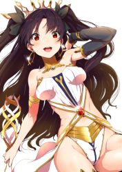 Rule 34 | 1girl, :d, armlet, asymmetrical sleeves, bare arms, bare shoulders, black detached sleeves, black hair, black ribbon, blush, breasts, clearite, crown, detached collar, detached sleeves, earrings, fate/grand order, fate (series), female focus, gem, hair ribbon, hand in own hair, hip focus, holding, holding sword, holding weapon, hoop earrings, ishtar (fate), jewelry, long hair, looking at viewer, medium breasts, midriff, neck, neck ring, open mouth, panties, parted bangs, red eyes, revealing clothes, ribbon, round teeth, simple background, single sleeve, smile, solo, stomach, strapless, sword, teeth, thighlet, tiara, tohsaka rin, two side up, type-moon, underwear, uneven sleeves, waist cape, weapon, white background, white panties