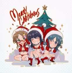 Rule 34 | 3girls, bikini, black hair, blue eyes, boots, breasts, brown hair, chibi, christmas, christmas present, christmas star, christmas tree, cleavage, closed eyes, confetti, coppelion, elbow gloves, front-tie bikini top, front-tie top, fukasaku aoi, full body, fur trim, gift, glasses, gloves, green eyes, green hair, happy, hat, highres, medium breasts, merry christmas, multiple girls, naruse ibara, navel, nomura taeko, one eye closed, open mouth, party popper, polka dot, polka dot background, red footwear, red gloves, santa bikini, santa hat, side-tie bikini bottom, sitting, smile, star (symbol), swimsuit, twitter username, weyowang